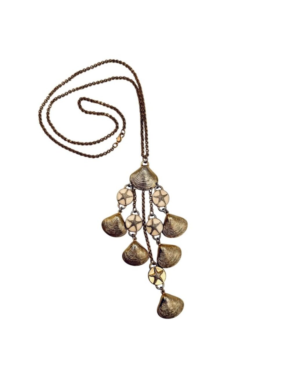 Vintage Beachy Coastal Gold Tone Statement Necklace Windchime Starfish Charm 20"